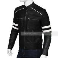 Mens Black Retro Cafe Racer Leather Jacket Leather Jacket men detail view 3 | Dash Racegear — Black and White retro leather jacket