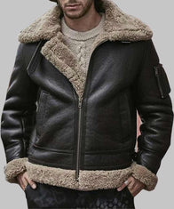 Mens Black Sheepskin Leather Shearling Jacket Jacket men detail view 2 | Dash Racegear — Mens Sheepskin Shearling Black B3 Leather Jacket