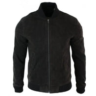 Men’s Black Suede Bomber Leather Jacket Bomber Jacket men front product view | Dash Racegear — Mens Bomber Black Suede Jacket