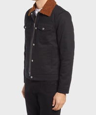 Mens Black Cotton Brown Shearling Collar Jacket Jacket men detail view 2 | Dash Racegear — Mens Brown Shearling Collar Black Jacket