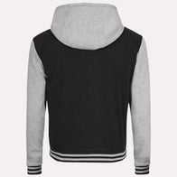 Mens Black and Gray Varsity Jacket Varsity Jacket men detail view 3 | Dash Racegear — Black and Gray Varsity Jacket With Hood