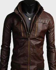 Mens Brown Bomber Faux Leather Jacket Bomber Jacket men front product view | Dash Racegear — Mens Brown Bomber Faux Leather Jacket