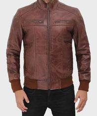 Mens Brown Biker Bomber Jacket Bomber Jacket men front product view | Dash Racegear — Brown Sheepskin Mens MA1 Leather Jacket