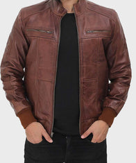 Mens Brown Biker Bomber Jacket Bomber Jacket men detail view 2 | Dash Racegear — Mens Bomber Sheepskin Leather Brown Jacket