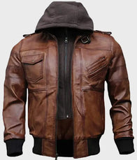 Mens Brown Hooded Bomber Leather Jacket Bomber Jacket men front product view | Dash Racegear — Mens Hooded Brown Bomber Leather Jacket
