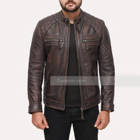 David Quilted Shoulder Distressed Leather Jacket Leather Jacket unisex detail view 3 | Dash Racegear — Distressed Brown Jacket Mens