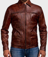 Mens Brown Distressed Leather Jacket Leather Jacket men front product view | Dash Racegear — Mens Brown Distressed Shirt Style Leather Jacket