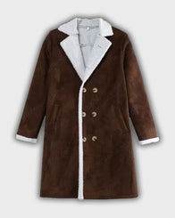 Mens Shearling Brown Double-Breasted Coat Jacket men detail view 2 | Dash Racegear — Mens Suede Brown Shearling Coat