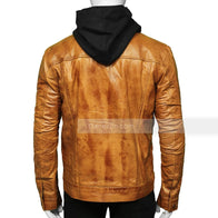Mens Shirt Style Brown Hooded Leather Jacket Leather Jacket men detail view 3 | Dash Racegear — Brown Hooded Shirt Style Leather Jacket for mens