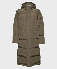 Mens Burnt Olive Long Coat Jacket men front product view | Dash Racegear — Mens Hooded Puffer Long Coat