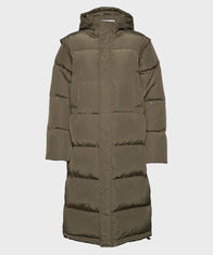 Mens Burnt Olive Long Coat Jacket men front product view | Dash Racegear — Mens Hooded Puffer Long Coat