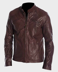 Mens Café Racer Maroon Jacket Biker Jacket men front product view | Dash Racegear — Mens Café Racer Maroon Biker Leather Jacket