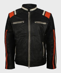 Mens Cafe Racer Striped Black Retro Biker Jacket Biker Jacket men front product view | Dash Racegear — Cafe Racer Black Retro Motorcycle Leather Jacket