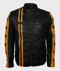 Mens Cafe Racer Yellow Star Black Leather Jacket Biker Jacket men front product view | Dash Racegear — Mens Black Cafe Racer Yellow Stripes Jacket