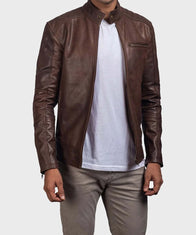 Casual Brown Mens Leather Jacket Biker Jacket men front product view | Dash Racegear — Mens-Casual-Brown-Leather-Jacket