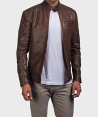 Casual Brown Mens Leather Jacket Biker Jacket men front product view | Dash Racegear — Mens-Casual-Brown-Leather-Jacket