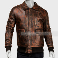 Mens Distressed Brown Bomber Leather Jacket Bomber Jacket men front product view | Dash Racegear — Distressed Brown Bomber Leather Jacket