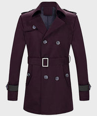 Mens Double-Breasted Purple Coat Coat men front product view | Dash Racegear — Mens Double-Breasted Maroon Wool Coat with Belt