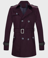 Mens Double-Breasted Purple Coat Coat men front product view | Dash Racegear — Mens Double-Breasted Maroon Wool Coat with Belt