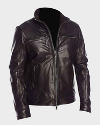 Mens Four Pockets Classic Black Biker Jacket Biker Jacket men front product view | Dash Racegear — Mens Black Classic Stand Up Collar Biker Leather Jacket