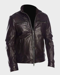 Mens Four Pockets Classic Black Biker Jacket Biker Jacket men front product view | Dash Racegear — Mens Black Classic Stand Up Collar Biker Leather Jacket