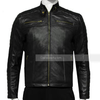 Mens Black Padded Biker Leather Jacket Leather Jacket men front product view | Dash Racegear — Golden Zipper Black Leather Jacket Mens
