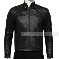 Mens Black Padded Biker Leather Jacket Leather Jacket men front product view | Dash Racegear — Golden Zipper Black Leather Jacket Mens