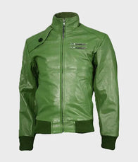 Mens Green Bomber Leather Jacket Bomber Jacket men front product view | Dash Racegear — Green Bomber Leather Jacket Mens