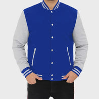 Mens Grey And Blue Fleece Varsity Jacket Varsity Jacket unisex front product view | Dash Racegear — Mens Grey And Blue Fleece Varsity Baseball Jacket