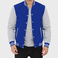 Mens Grey And Blue Fleece Varsity Jacket Varsity Jacket unisex detail view 2 | Dash Racegear — Mens Grey And Blue Fleece Varsity Jacket
