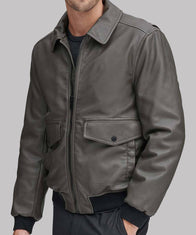 Mens Grey Leather Bomber Jacket Bomber Jacket men front product view | Dash Racegear — Grey Leather Mens Bomber Jacket