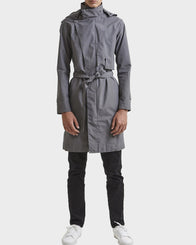 Mens Grey Zipper Trench Coat Coat men front product view | Dash Racegear — Grey Hooded Raincoat for Mens