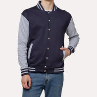 Mens Grey And Blue Varsity Jacket Varsity Jacket unisex front product view | Dash Racegear — Grey and Blue Varsity Jacket