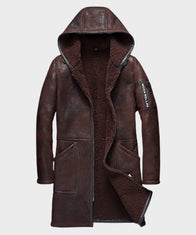 Mens Hooded Dark Brown Sheepskin Shearling Leather Coat Jacket men front product view | Dash Racegear — Mens Brown Hooded Shearling Sheepskin Leather Coat
