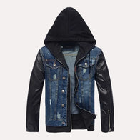 Mens Hooded Leather Denim Jacket Denim Jacket men front product view | Dash Racegear — Denim leather jacket mens