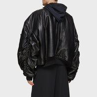 Mens Hooded Leather Oversized Bomber Jacket Bomber Jacket men detail view 3 | Dash Racegear — Mens Hooded Leather Oversized Bomber Black Jacket