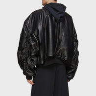 Mens Hooded Leather Oversized Bomber Jacket Bomber Jacket men detail view 3 | Dash Racegear — Mens Hooded Leather Oversized Bomber Black Jacket