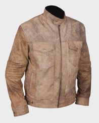 Mens Khakhi Distressed Café Racer Vintage Jacket Jacket men front product view | Dash Racegear — Mens Café Racer Khakhi Distressed Leather Jacket