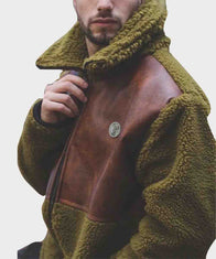 Mens Leather Shearling Green Winter Jacket Jacket men detail view 2 | Dash Racegear — Green Winter Leather Shearling Jacket for Mens