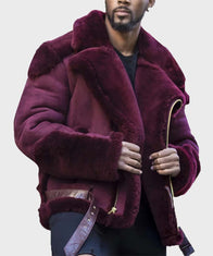 Mens Aviator Sheepskin Shearling Leather Jacket Leather Jacket men detail view 4 | Dash Racegear — Mens Shearling Leather Maroon Jacket