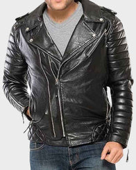 Mens Motorcycle Black Padded Leather Jacket Biker Jacket men front product view | Dash Racegear — Mens Classic Motorcycle Black Padded Leather Jacket