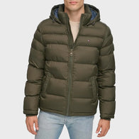 Men’s Olive Green Puffer Jacket Puffer Jacket unisex front product view | Dash Racegear — Men's Classic Padded Olive Green Puffer Jacket
