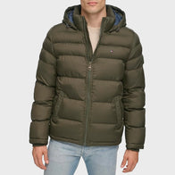 Men’s Olive Green Puffer Jacket Puffer Jacket unisex front product view | Dash Racegear — Men's Classic Padded Olive Green Puffer Jacket