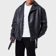 Mens Oversized Black Leather Jacket Leather Jacket men front product view | Dash Racegear — Mens Oversized Biker Black Leather Jacket