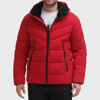 Men’s Puffer Red Jacket Puffer Jacket unisex front product view | Dash Racegear — Mens Puffer Red Stretch Jacket With Sherpa Hood