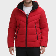 Men’s Puffer Red Jacket Puffer Jacket unisex front product view | Dash Racegear — Mens Puffer Red Stretch Jacket With Sherpa Hood