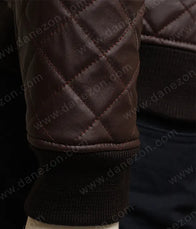 Mens Brown Quilted Leather Jacket Bomber Jacket men detail view 6 | Dash Racegear — Mens Brown Quilted Leather Bomber Jacket - Dash Racegear