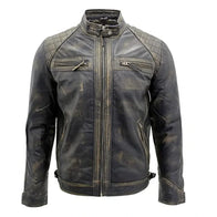 Mens Quilted Distressed Leather Jacket Leather Jacket men front product view | Dash Racegear — Mens Quilted Distressed Leather Jacket