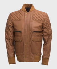 Mens Quilted Tan Brown Bomber Leather Jacket Leather Jacket men front product view | Dash Racegear — Mens Tan Brown Quilted Bomber Jacket