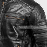 Mens Black Cafe Racer Leather Jacket Leather Jacket men detail view 2 | Dash Racegear — Real Leather Black Cafe Racer Jacket